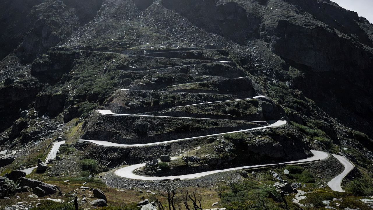 High-contrast photograph of stacked alpine road switchbacks cutting across a dark mountainside