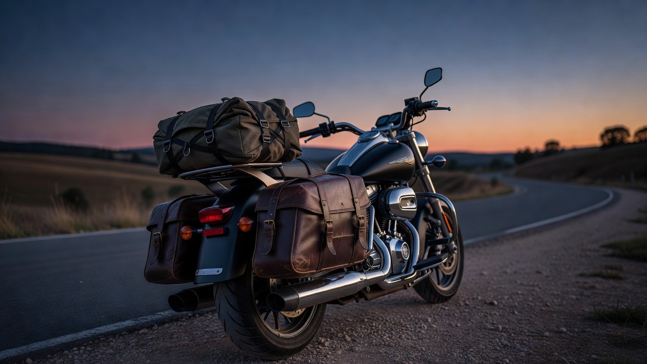 Rear three-quarter view of a touring motorcycle fitted with balanced side panniers and a compact tail roll at dusk