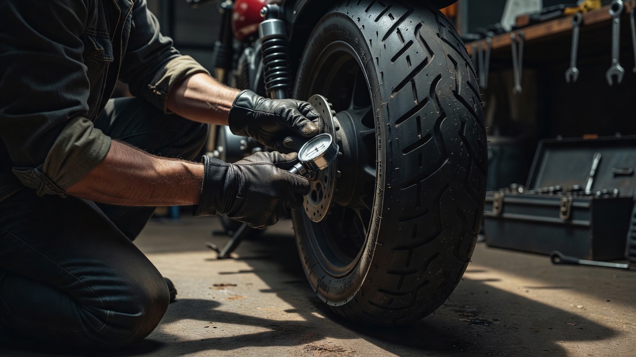 Close-up high-contrast view of a rider checking motorcycle rear tire pressure and tread before a long tour
