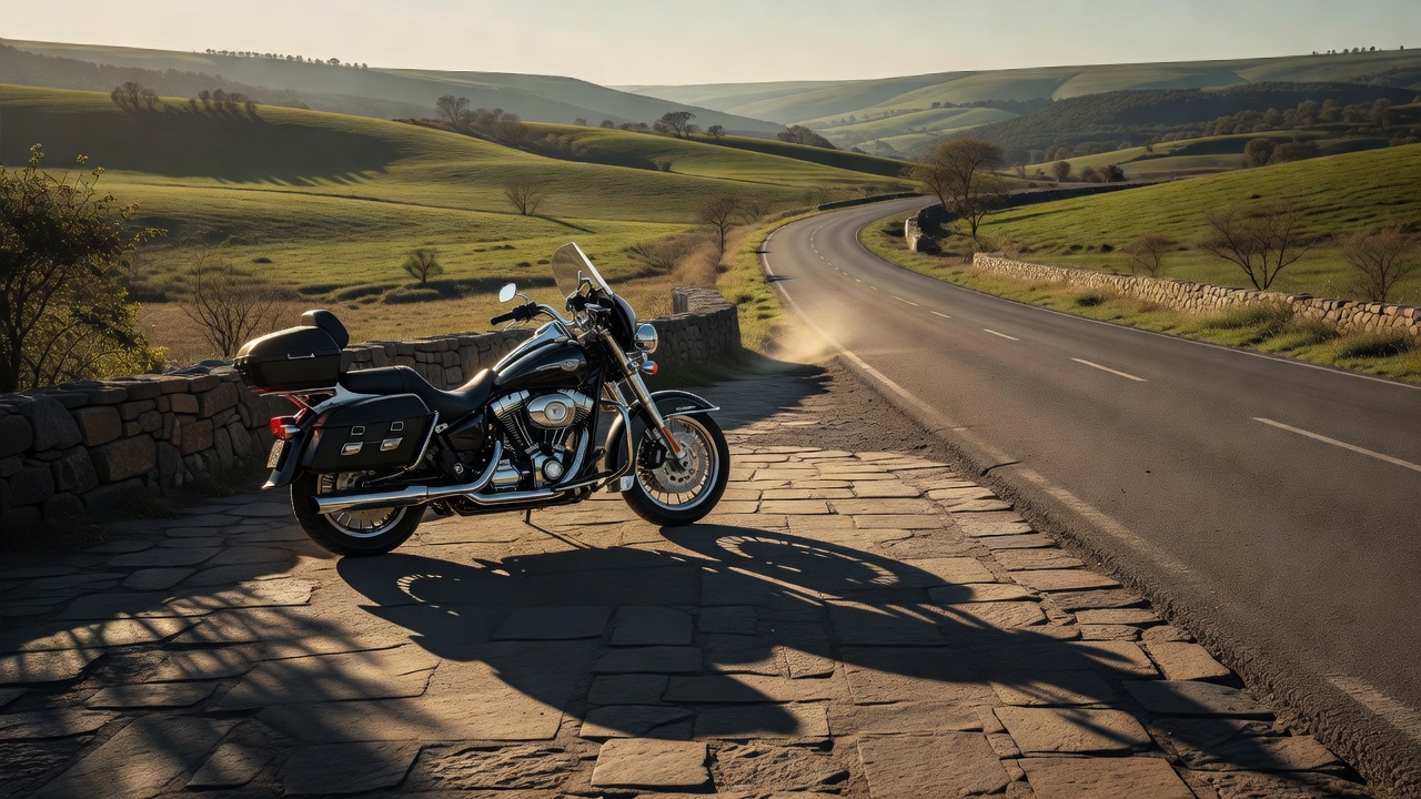 Touring motorcycle parked nose-out on a flat stone turnout beside a quiet valley road with long shadows